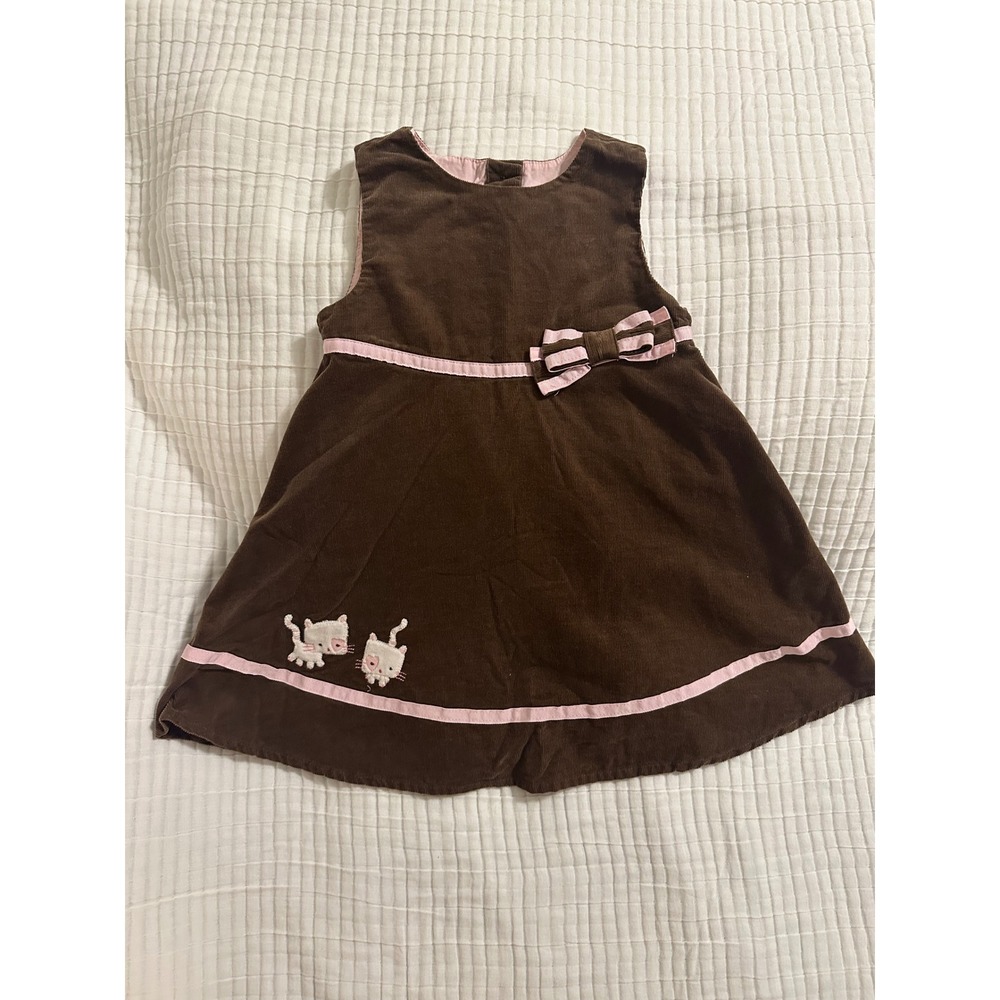 Gymboree Girls Brown Corduroy Kitten Dress Pink Bow 18-24 Months
